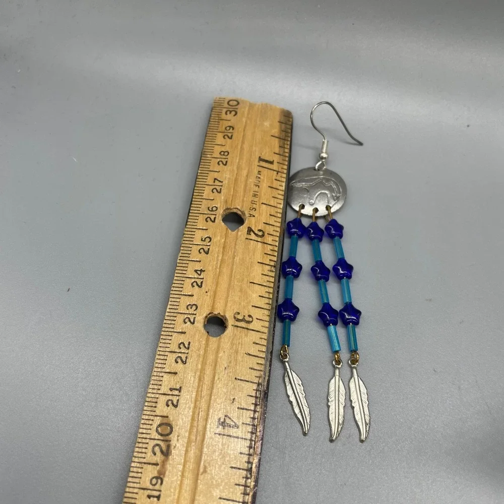 Silver Bear Etched Medallion Blue‎ Star Bead Feather Fringe Dangle Earrings